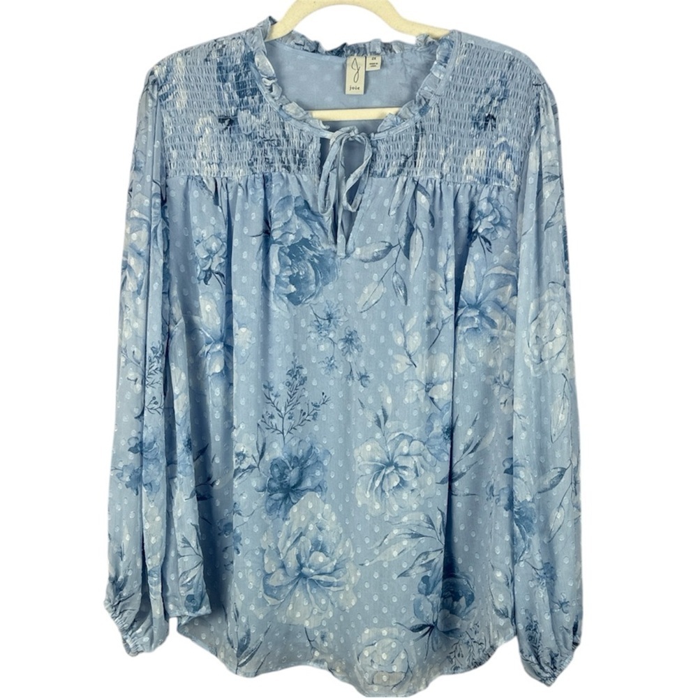 Joie Light Blue Smocked Floral Clip Dot Ruffle Neckline Long Sleeve 2X Blouse